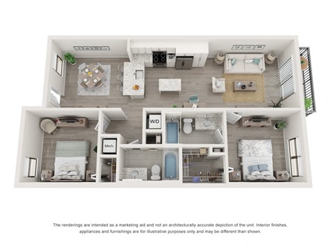 Floor plan for 2 beds, 2 baths, 1046 sqft